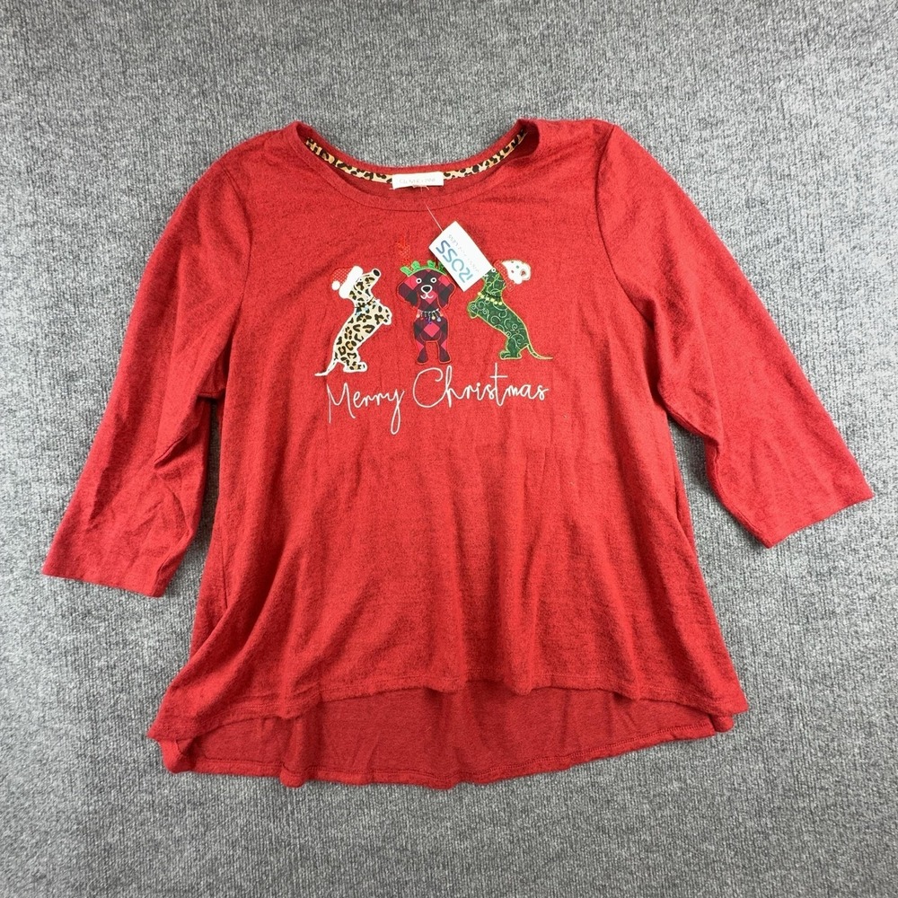 Clover + Pine Shirt Womens 3X Red Merry Christmas Dog Graphic Tunic Holiday Top